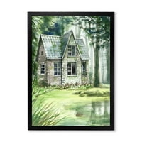 DesignArt 'stara ukrcana kuća u borovoj šumi' Kuća jezera uokvirena umjetničkim printom