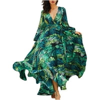 Ljetne haljine za žene, haljina s cvjetnim uzorkom s printom dugih rukava, Midi s izrezom u obliku slova u, bez