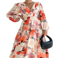 Ženska duga haljina s cvjetnim printom, boemska haljina s izrezom i dugim rukavima, proljetna ležerna haljina