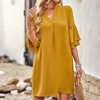 Ženska haljina od srednjih rukava s džepovima ležerna čvrsta boja v vrat labava ljetna a-line kratka haljina žuta
