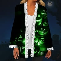 ; / Ženska modna ležerna čipkasta jakna s dugim rukavima s printom za Noć vještica, kaput za žene, tamnozelena;