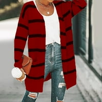 Ženski kaput s džepovima u jesen-zima, kontrastni pleteni kardigan srednje duljine na pruge