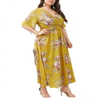 Ženski boho cvjetni senf žuti v vrat linijski kratki rukav plus haljine veličine