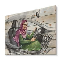Dizajnerska umjetnost Arapska dama za volanom automobila moderni otisak na prirodnom borovom drvetu