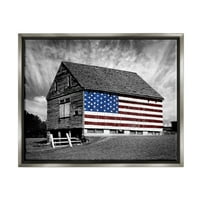 Stupell Industries crno -bijela seoska kuća staja američka zastava sjajna siva uokvirena plutajuća platna zidna