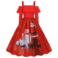 Božićna haljina za žene, Vintage haljina s naramenicama s volanima s dugim rukavima, Retro Rockabilli Print iz