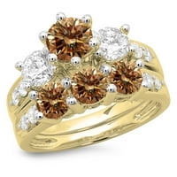 Zbirka Od 3. Set vjenčanih prstenova od šampanjca i bijelog dijamanta od 14 karata, žuto zlato, veličina 5,5