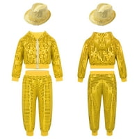 odjeća za djevojčice i dječake sa šljokicama jazz hip hop plesna jakna s kapuljačom top hlače i šešir žuta 3-4