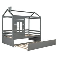 Kućni krevet veličine dvostruke veličine, drveni krevet s krovnim prozorom i kosilicama, sivo