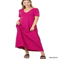 Zenana Women & Plus opušteno fit s V-izrezom kratki rukavi puna dužina maxi dugačka haljina W bočni džepovi
