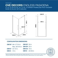 OVE Decors Pasadena 28- in. W in. H Pravokutni kutni tuš kućište s okretnim okvirima bez tuša na crnim W policama