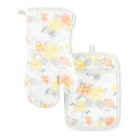 Martha Stewart Amber Cvjetna pećnica Mitt & Pot Holder Set 2-Pack, Yellow Coral, OM: 7 X13 & PH: 7 X10