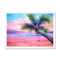 DesignArt 'Životni zalazak sunca s ljuljačkom i palmom' nautički i obalni uokvireni umjetnički tisak