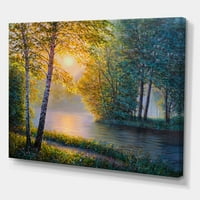 Dizajnerska umjetnost Izlazak sunca ljeti s prekrasnom rijekom, proljetna šuma kuća na jezeru platno zidni umjetnički