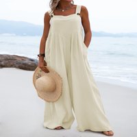 Ženski modni jednobojni kombinezon s tregerima, ležerni pamučni kombinezoni širokih nogavica s džepovima na plaži