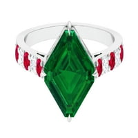 Stvoren Emerald Ring s pasijansom sa stvorenim Ruby i Moissanite - AAAA kvaliteta, 14K bijelo zlato, US 9.00