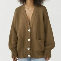 Ženski modni jednobojni pleteni džemper s izrezom u obliku slova U I rukavima srednje duljine, kardigan s džepom
