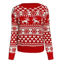 Pleteni Božićni džemper s okruglim vratom s dugim rukavima, pripijeni jednostavni pulover od sobova, ženski Gornji