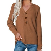 Taqqpue Womens Plus veličine V-izrez gumb Down Pleteni džemperi džemperi s dugim rukavima košulje za žene čvrste