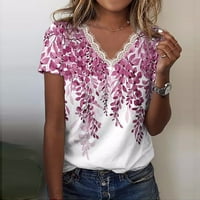Bluza s kratkim rukavima s cvjetnim printom, ležerni vrhovi s izrezom u obliku slova u, ljetne ženske vruće ružičaste