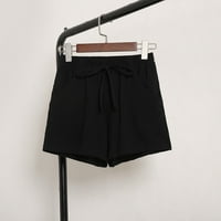 Ženski čvrsti pamuk i laneni džep Elastični struk labave kratke hlače crne s