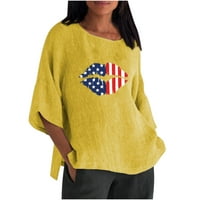 košulje za žene, 4. srpnja, pamučne lanene košulje s okruglim vratom s američkom zastavom, košulje Plus veličine