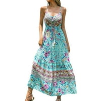 Ženski ljetni bez rukava labava maxi haljina ležerna duga haljina Ženska kratka rukava cvjetni print retro v vrat