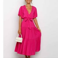 Ženske haljine, obična ljetna haljina srednje duljine s izrezom u obliku slova U I rukavima, vruće ružičasta u