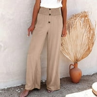 WAVSUF hlače za žene Čvrsti gumb širokih nogu pamučna posteljina visoko useljena kaki hlače veličine 3xl